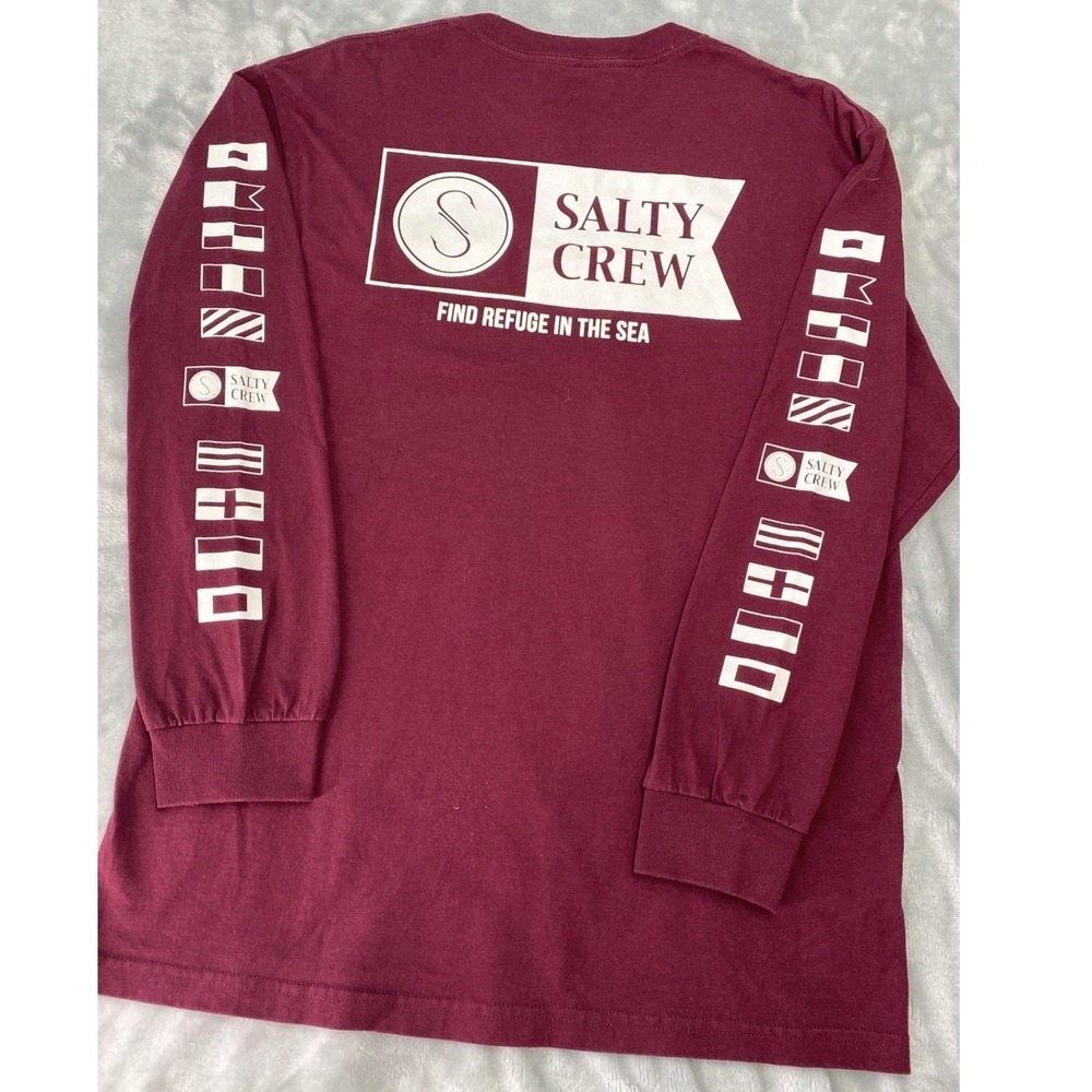 Salty Crew Nautical Flag Long Sleeve T-Shirt Men's LG Burgundy 100% Cotton Diver